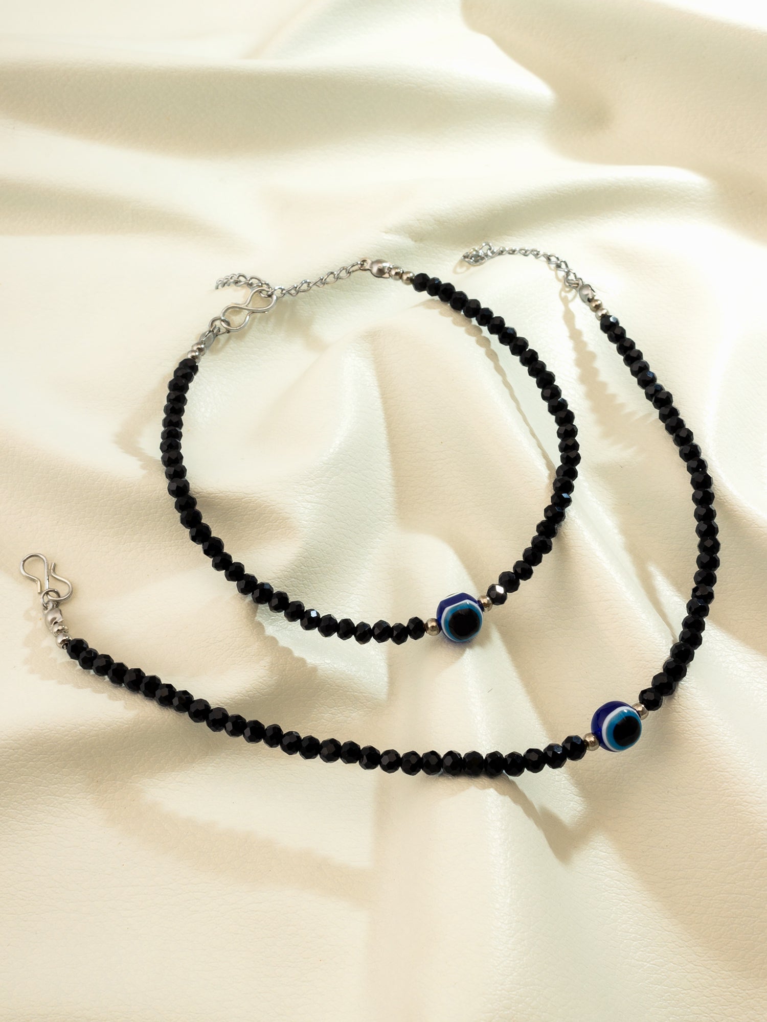 Aadita Oxidized Silver Evil Eye Faceted Black Bead Anklets