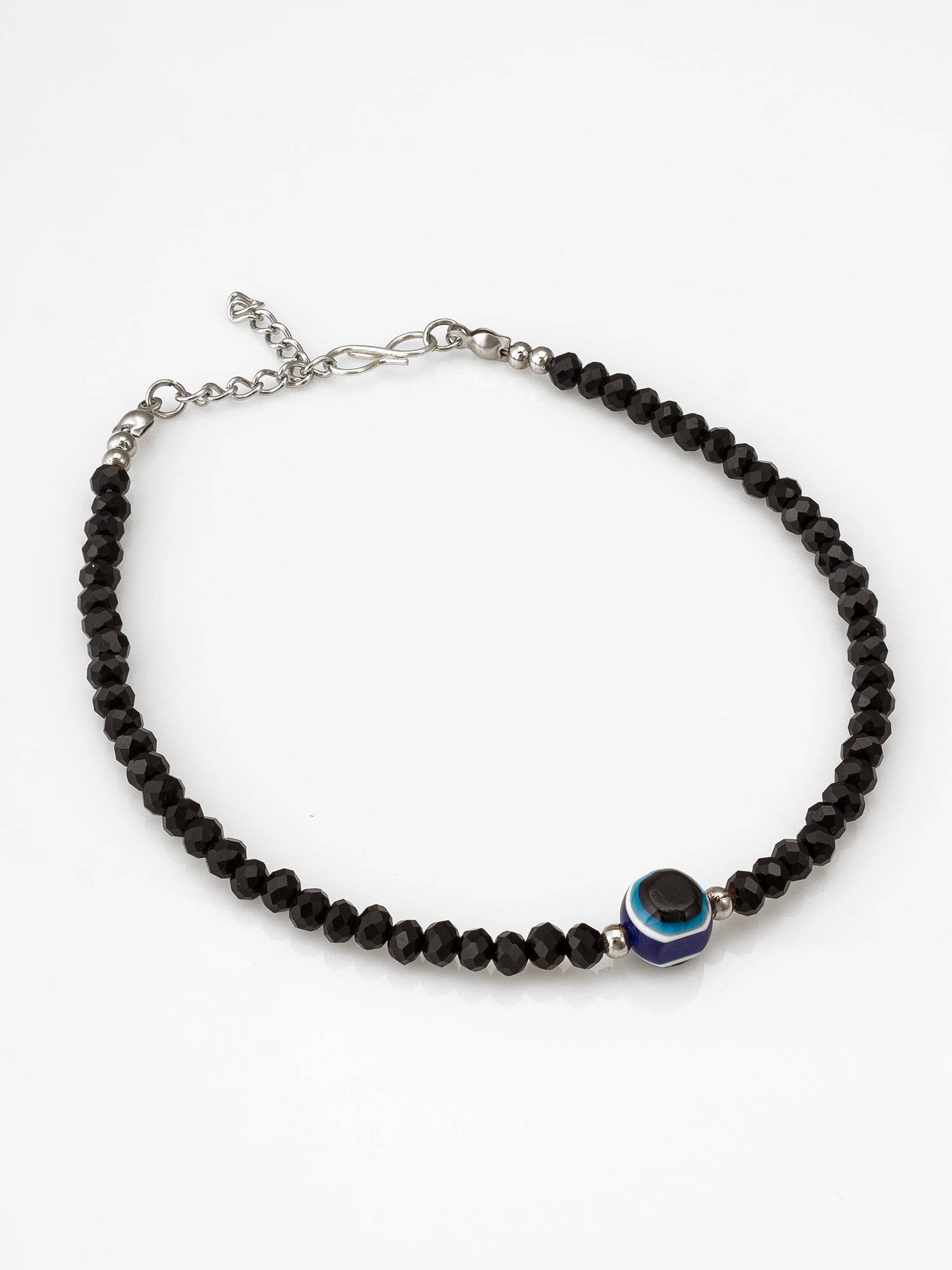 Aadita Single Evil Eye Black Beaded Oxidized Silver Anklet