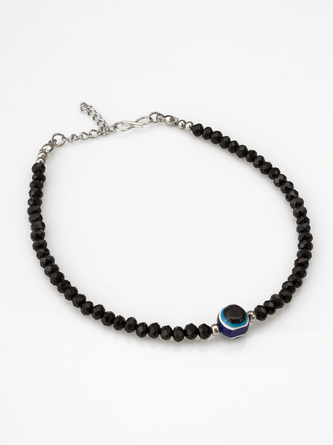 Aadita Single Evil Eye Black Beaded Oxidized Silver Anklet