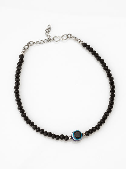 Aadita Single Evil Eye Black Beaded Oxidized Silver Anklet