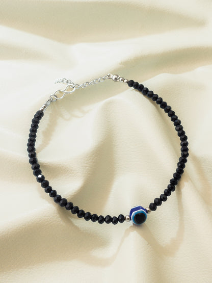 Aadita Single Evil Eye Black Beaded Oxidized Silver Anklet