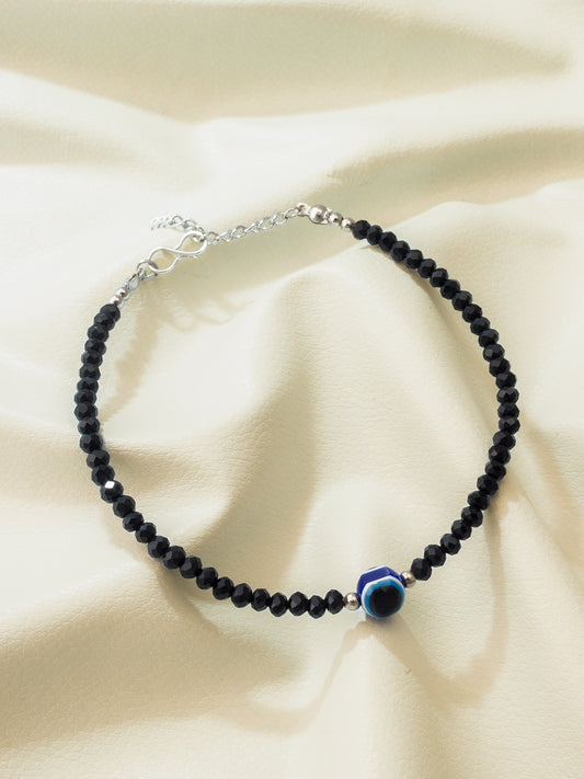 Aadita Single Evil Eye Black Beaded Oxidized Silver Anklet