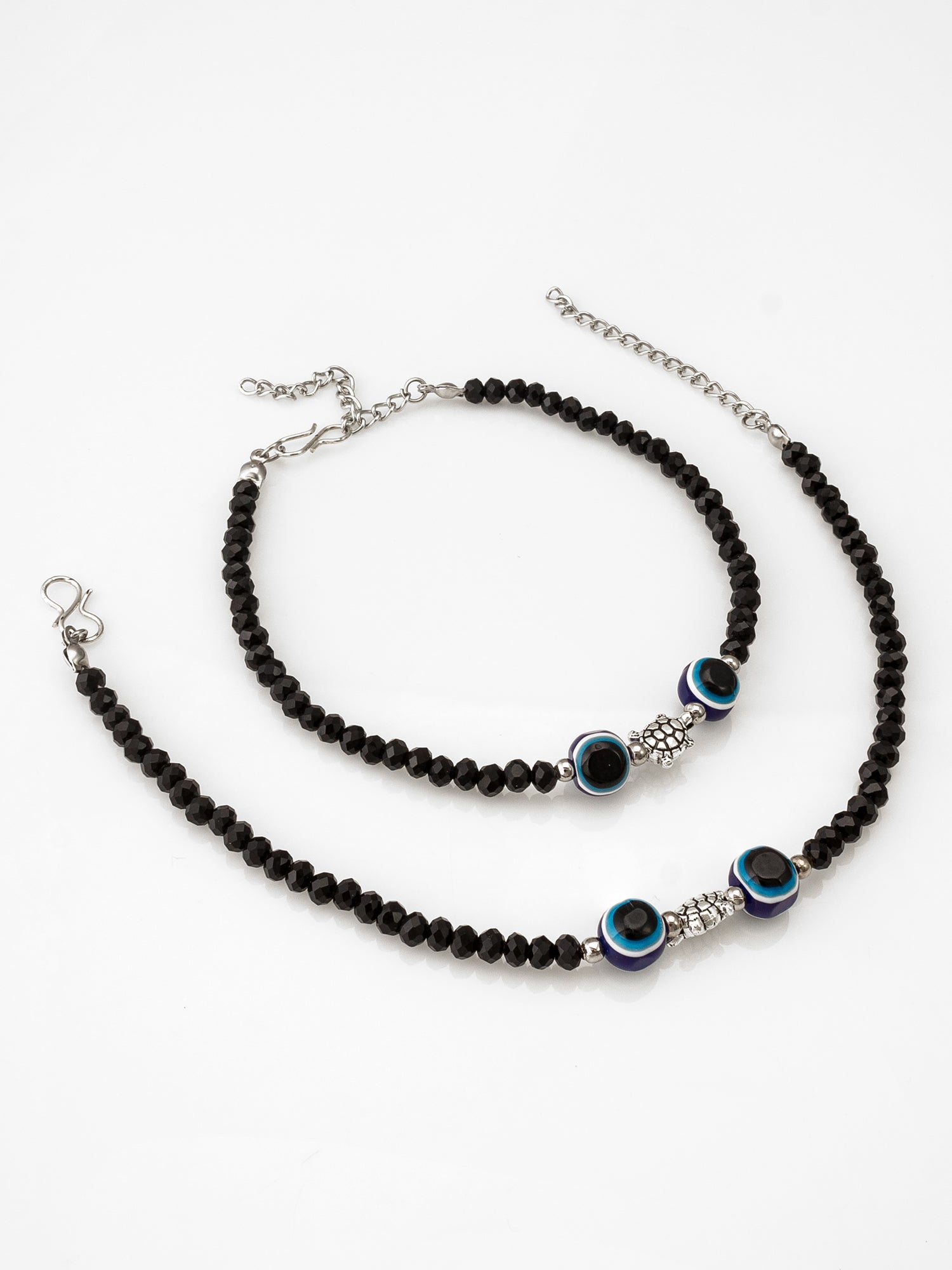 Aadita Turtle Charm Evil Eye Black Beaded Anklet Pair