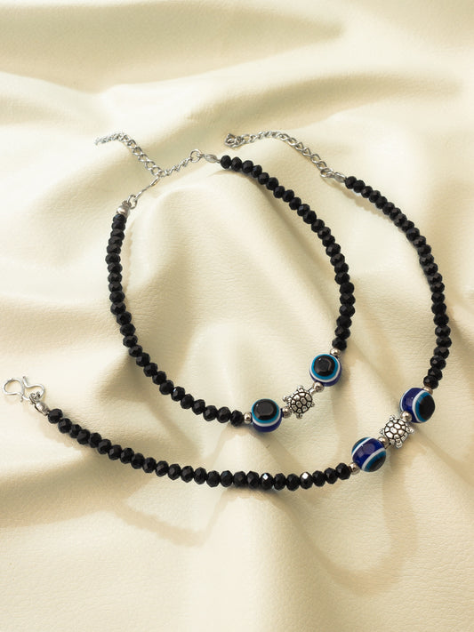 Aadita Turtle Charm Evil Eye Black Beaded Anklet Pair