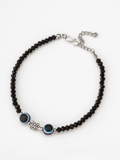 Aadita Turtle and Evil Eye Black Beaded Single Anklet
