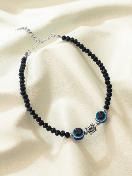 Aadita Turtle and Evil Eye Black Beaded Single Anklet