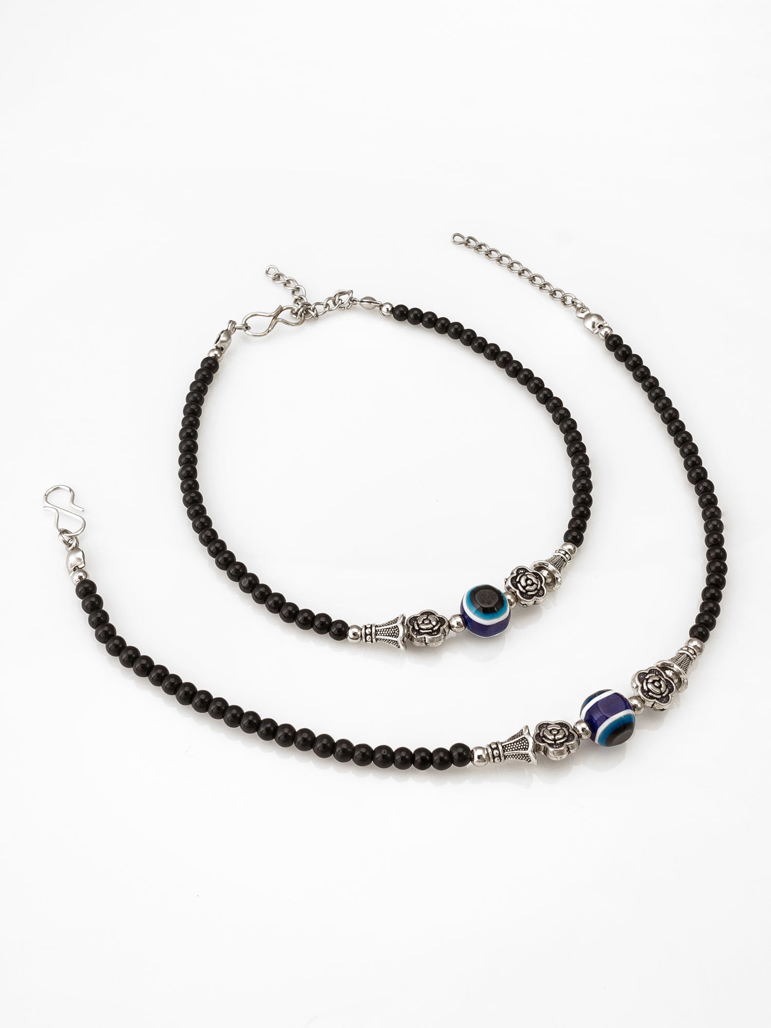 Aadita Floral Charm Evil Eye Black Beaded Anklet Pair