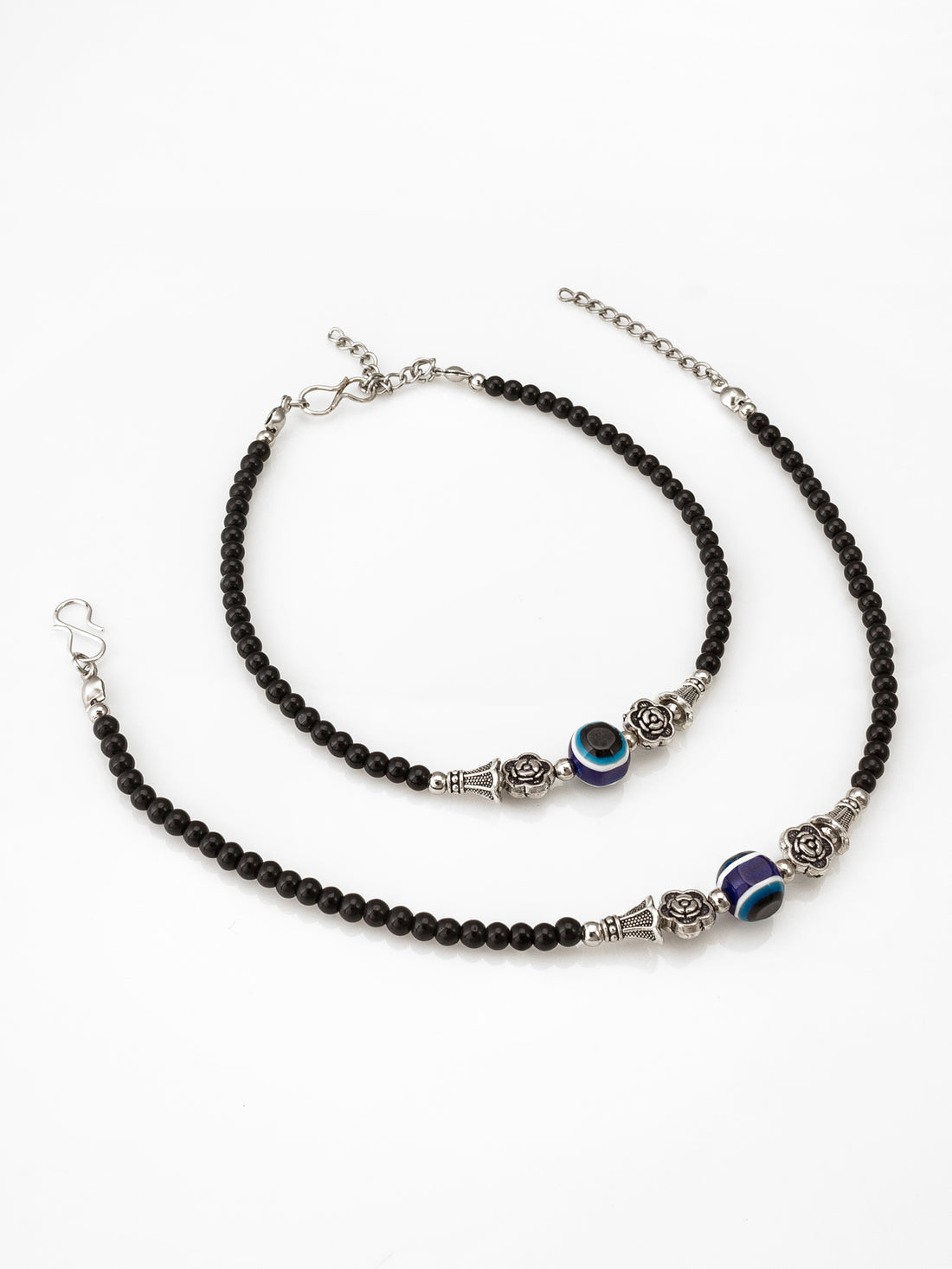 Aadita Floral Charm Evil Eye Black Beaded Anklet Pair
