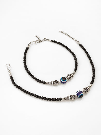 Aadita Floral Charm Evil Eye Black Beaded Anklet Pair