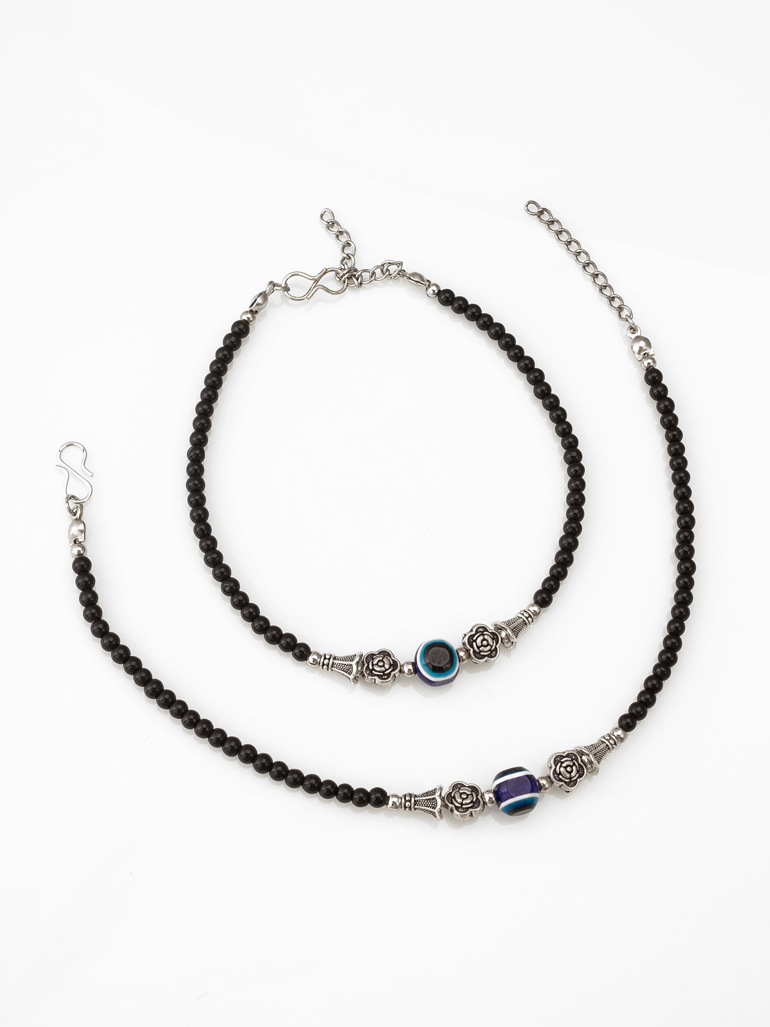 Aadita Floral Charm Evil Eye Black Beaded Anklet Pair