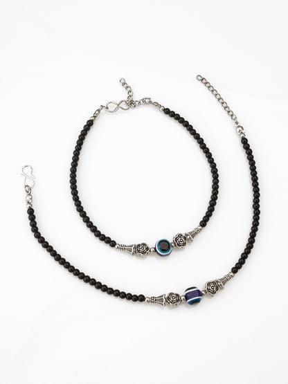 Aadita Floral Charm Evil Eye Black Beaded Anklet Pair
