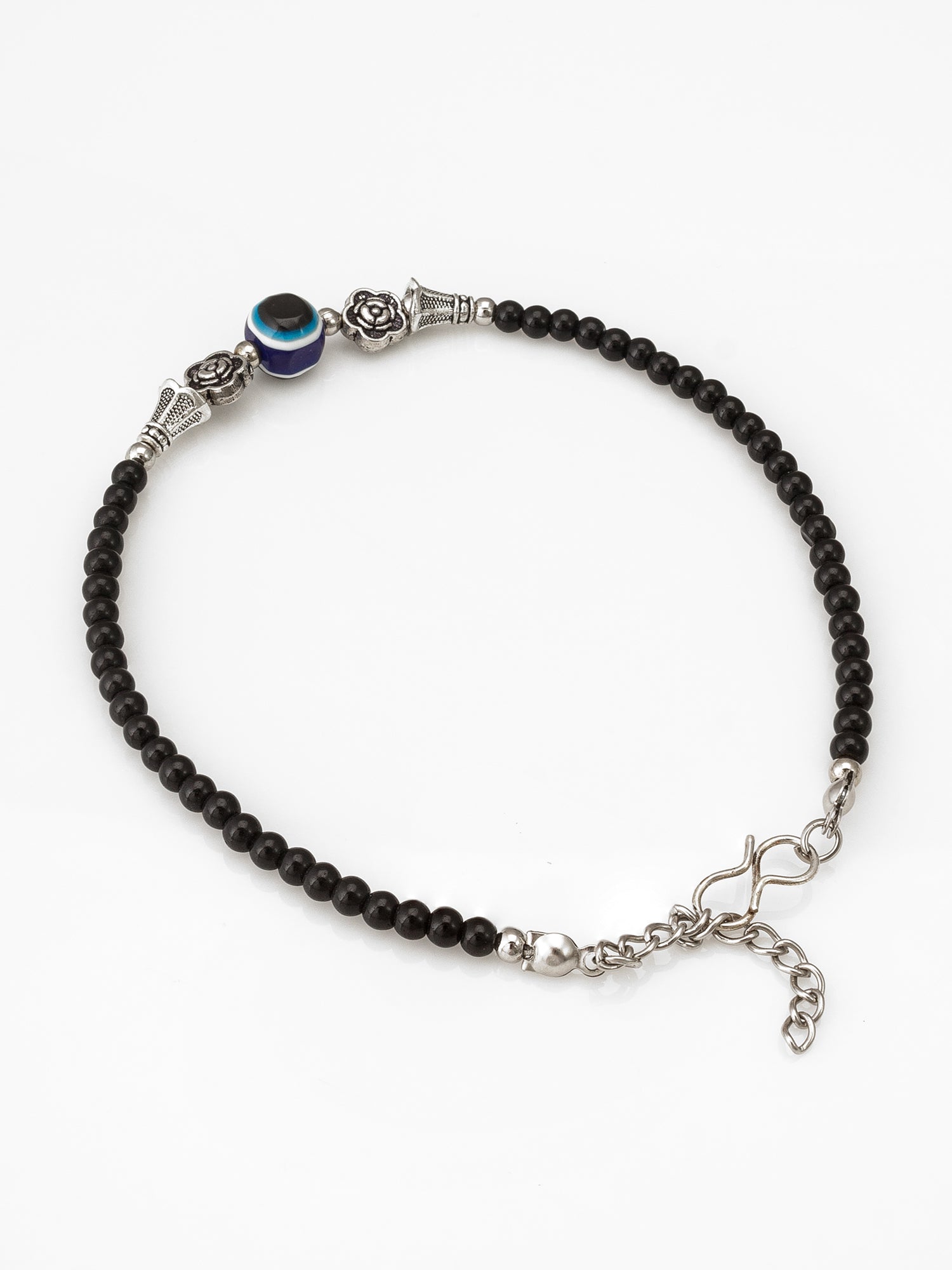 Aadita Floral Charm Evil Eye Black Beaded Anklet Pair