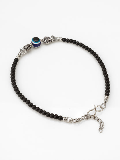 Aadita Floral Charm Evil Eye Black Beaded Anklet Pair