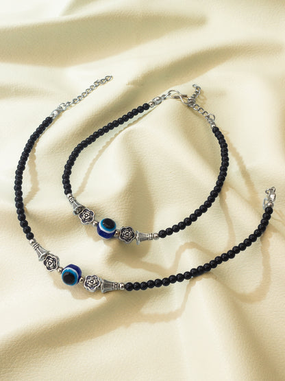 Aadita Floral Charm Evil Eye Black Beaded Anklet Pair