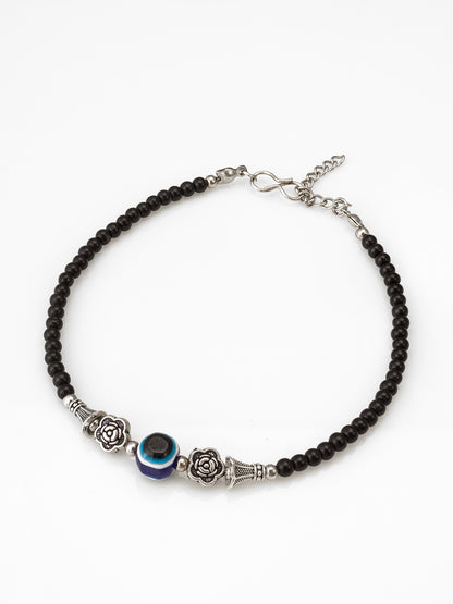 Aadita Rose Charm Evil Eye Single Black Anklet