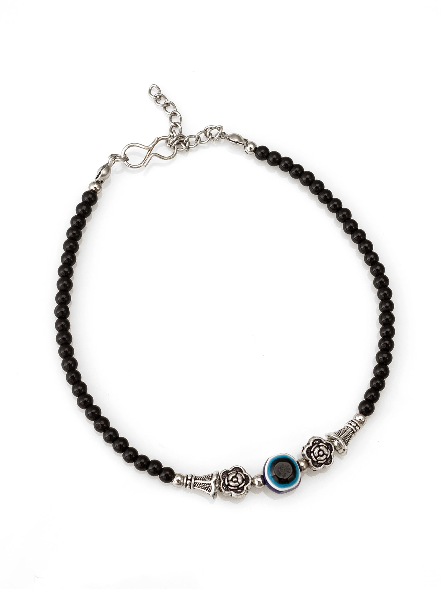 Aadita Rose Charm Evil Eye Single Black Anklet