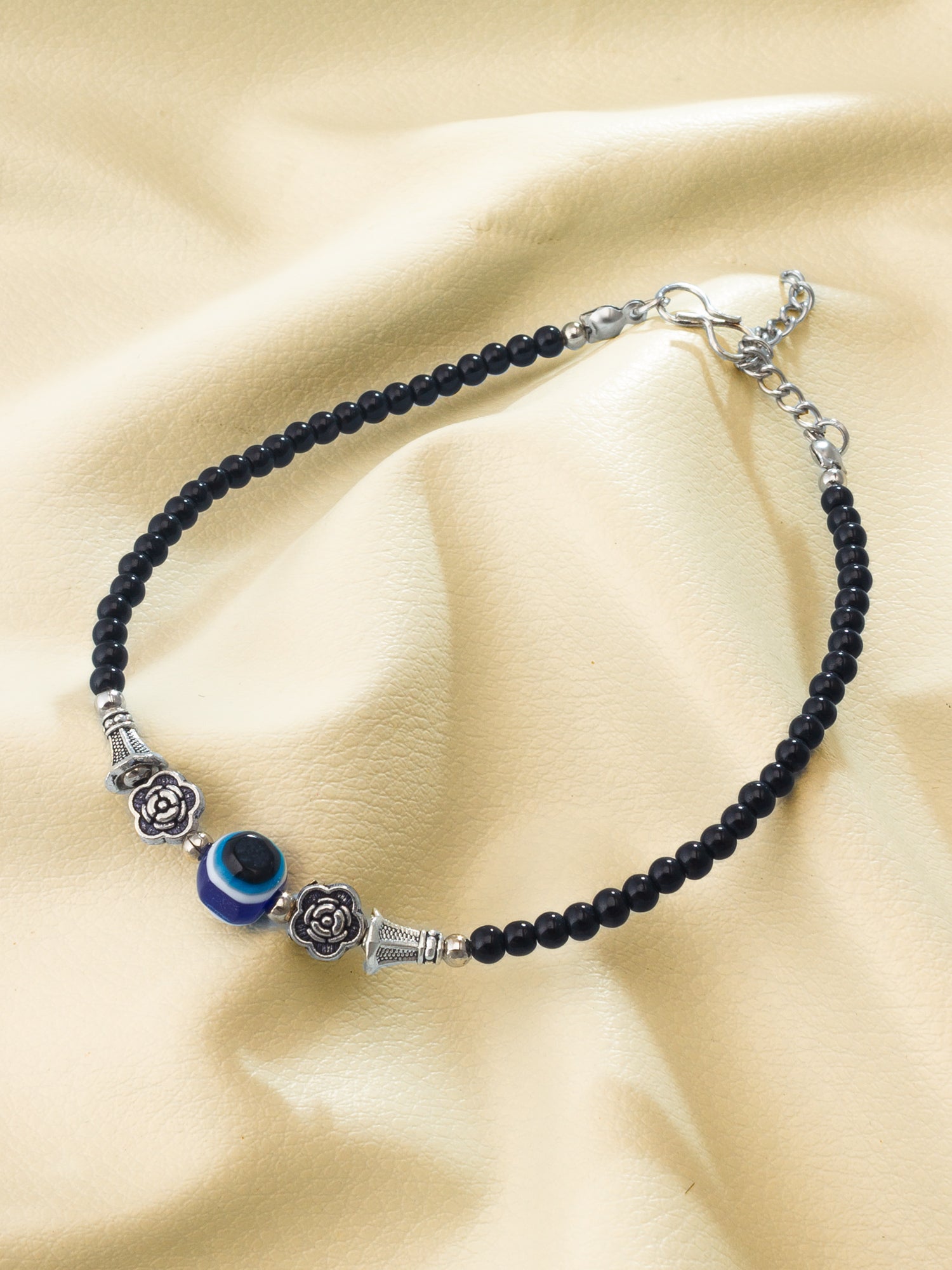 Aadita Rose Charm Evil Eye Single Black Anklet