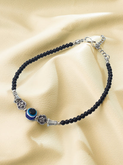 Aadita Rose Charm Evil Eye Single Black Anklet