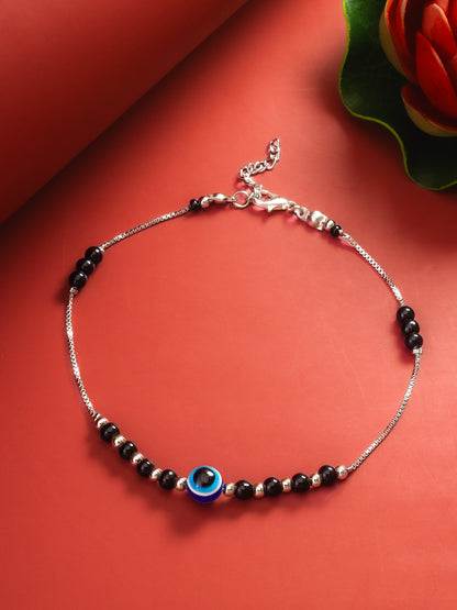 Aadita Evil Eye Black Bead Silver-Tone Anklet