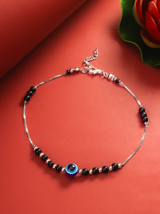 Aadita Evil Eye Black Bead Silver-Tone Anklet