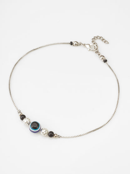 Aadita Evil Eye Textured Silver Bead Anklet