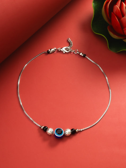 Aadita Evil Eye Textured Silver Bead Anklet