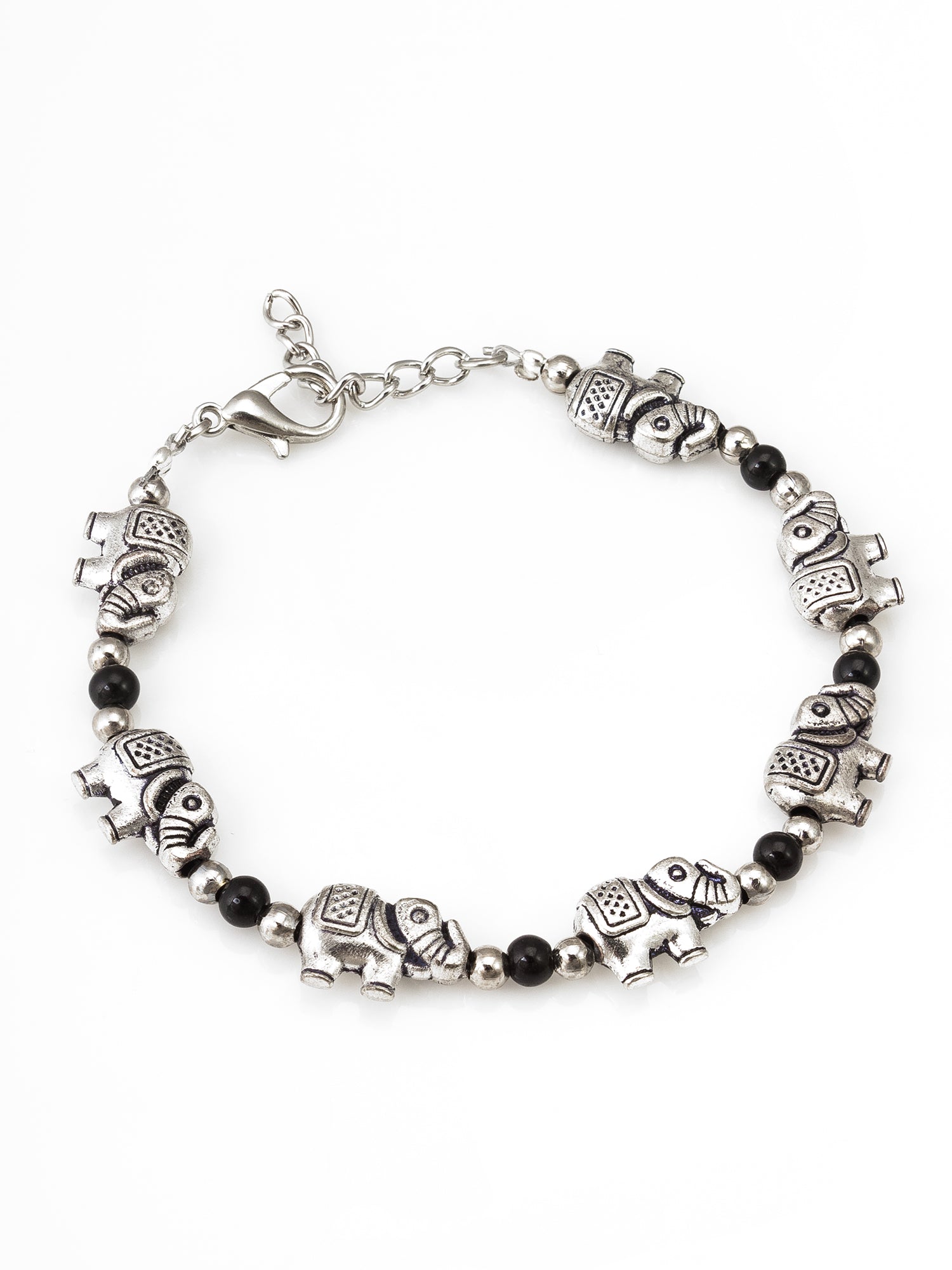 Vintage Oxidized Silver Elephant Charm Single Leg Anklet with Black Accents