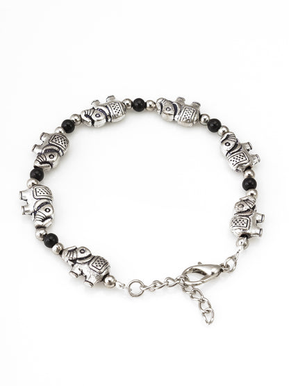 Vintage Oxidized Silver Elephant Charm Single Leg Anklet with Black Accents
