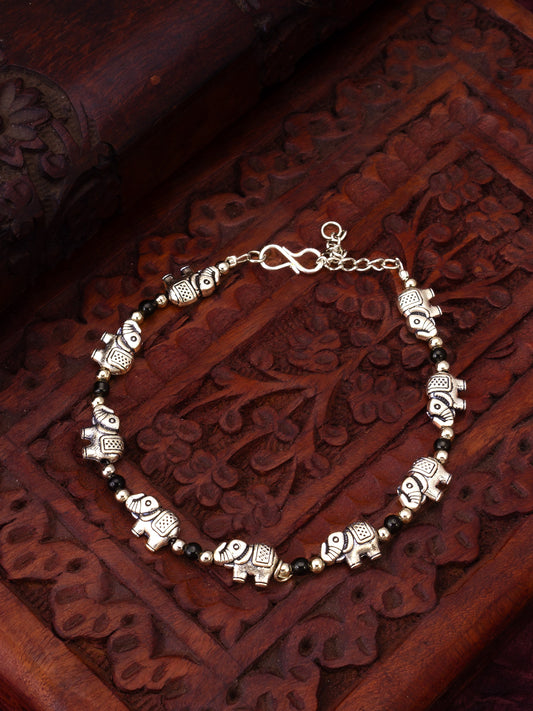 Vintage Oxidized Silver Elephant Charm Single Leg Anklet with Black Accents