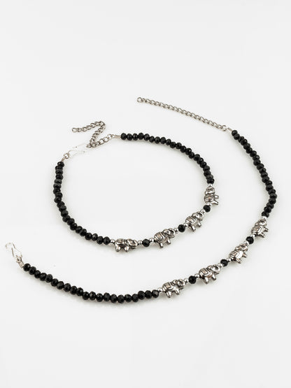 Aadita Silver Plated Black Beaded Elephant Design Anklet Set for Women