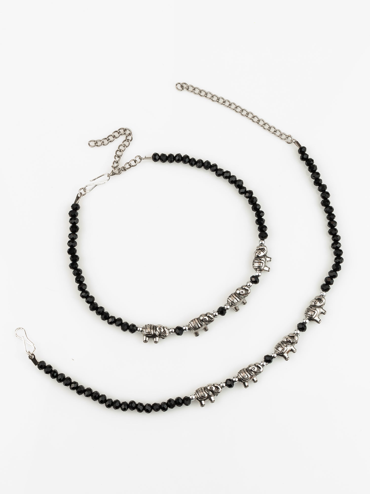 Aadita Silver Plated Black Beaded Elephant Design Anklet Set for Women