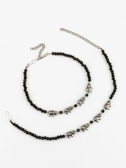 Aadita Silver Plated Black Beaded Elephant Design Anklet Set for Women