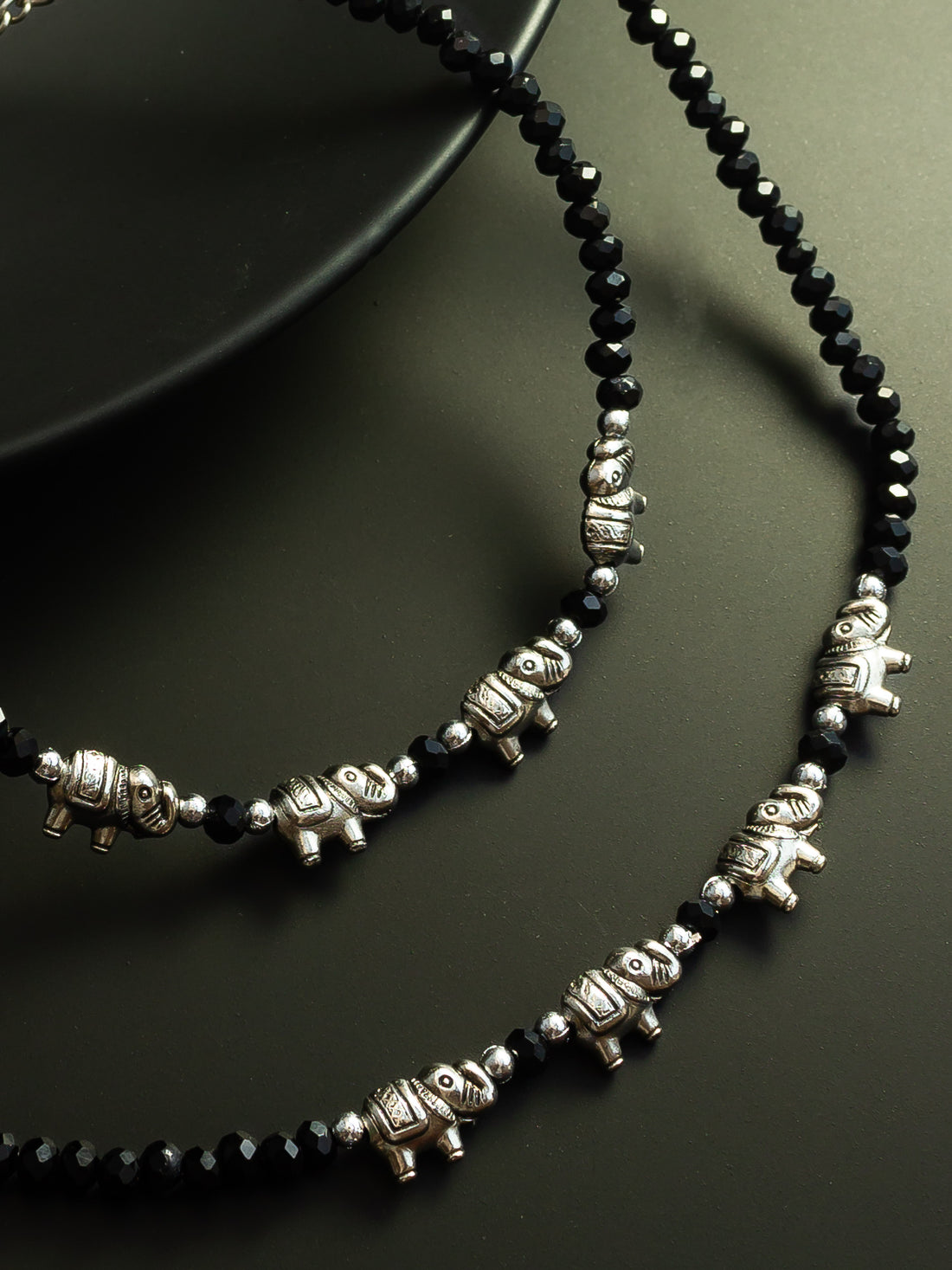 Aadita Silver Plated Black Beaded Elephant Design Anklet Set for Women