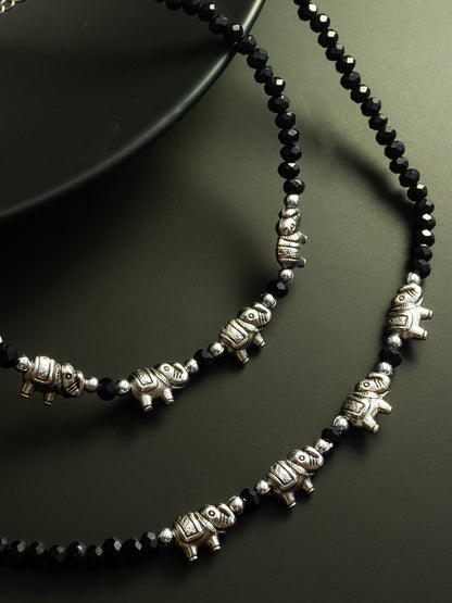 Aadita Silver Plated Black Beaded Elephant Design Anklet Set for Women
