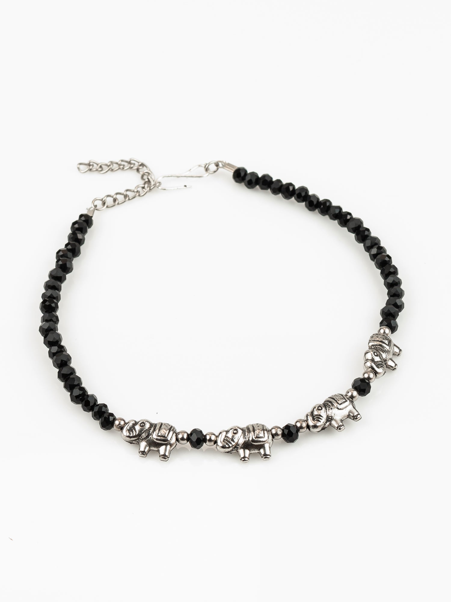 Aadita Silver Plated Elephant Charm Black Beaded Adjustable Anklet for Women & Girls