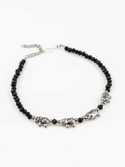 Aadita Silver Plated Elephant Charm Black Beaded Adjustable Anklet for Women & Girls
