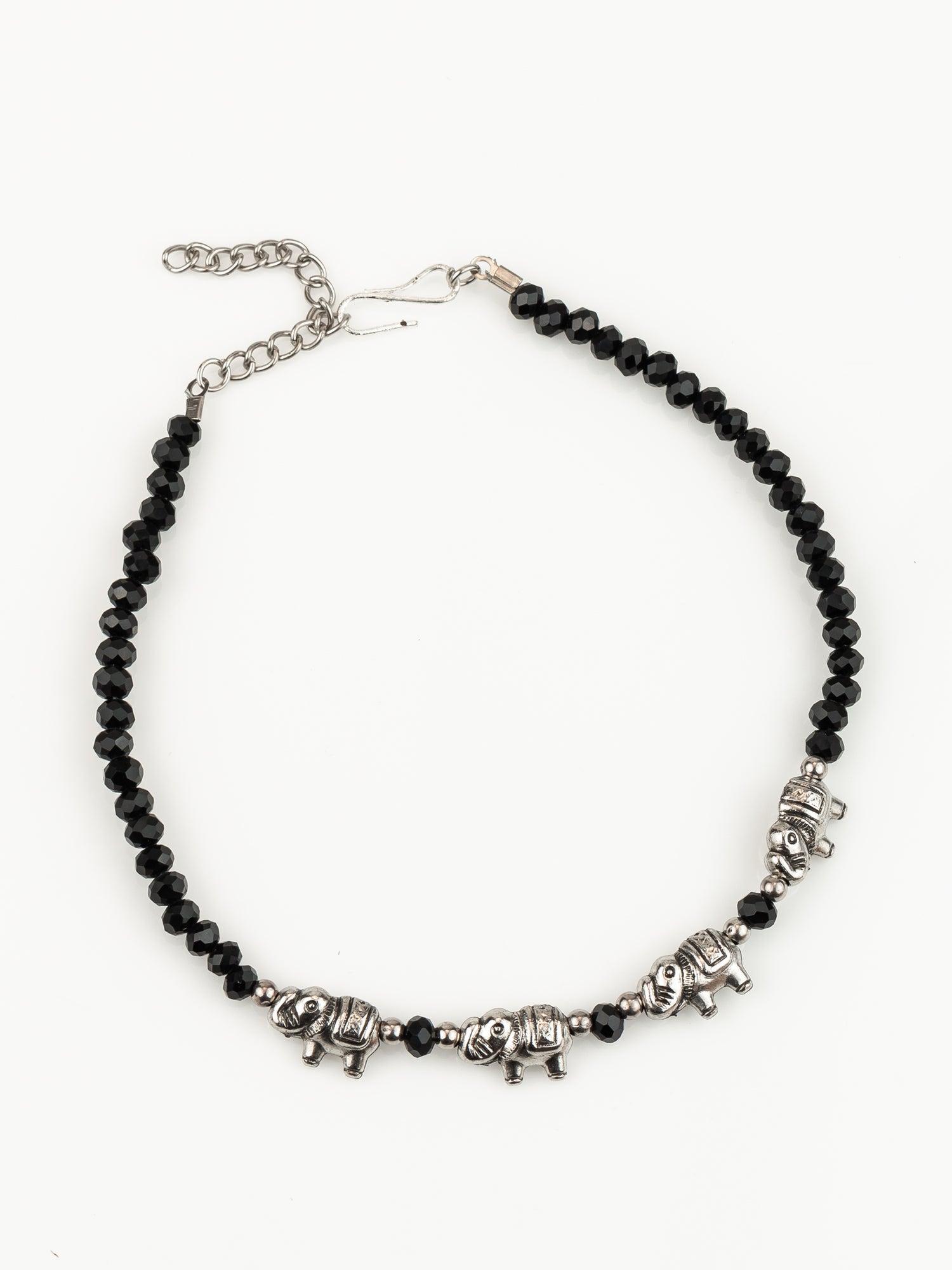 Aadita Silver Plated Elephant Charm Black Beaded Adjustable Anklet for Women & Girls