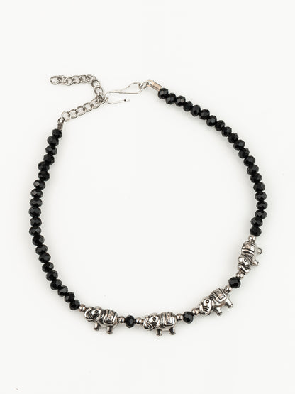 Aadita Silver Plated Elephant Charm Black Beaded Adjustable Anklet for Women & Girls