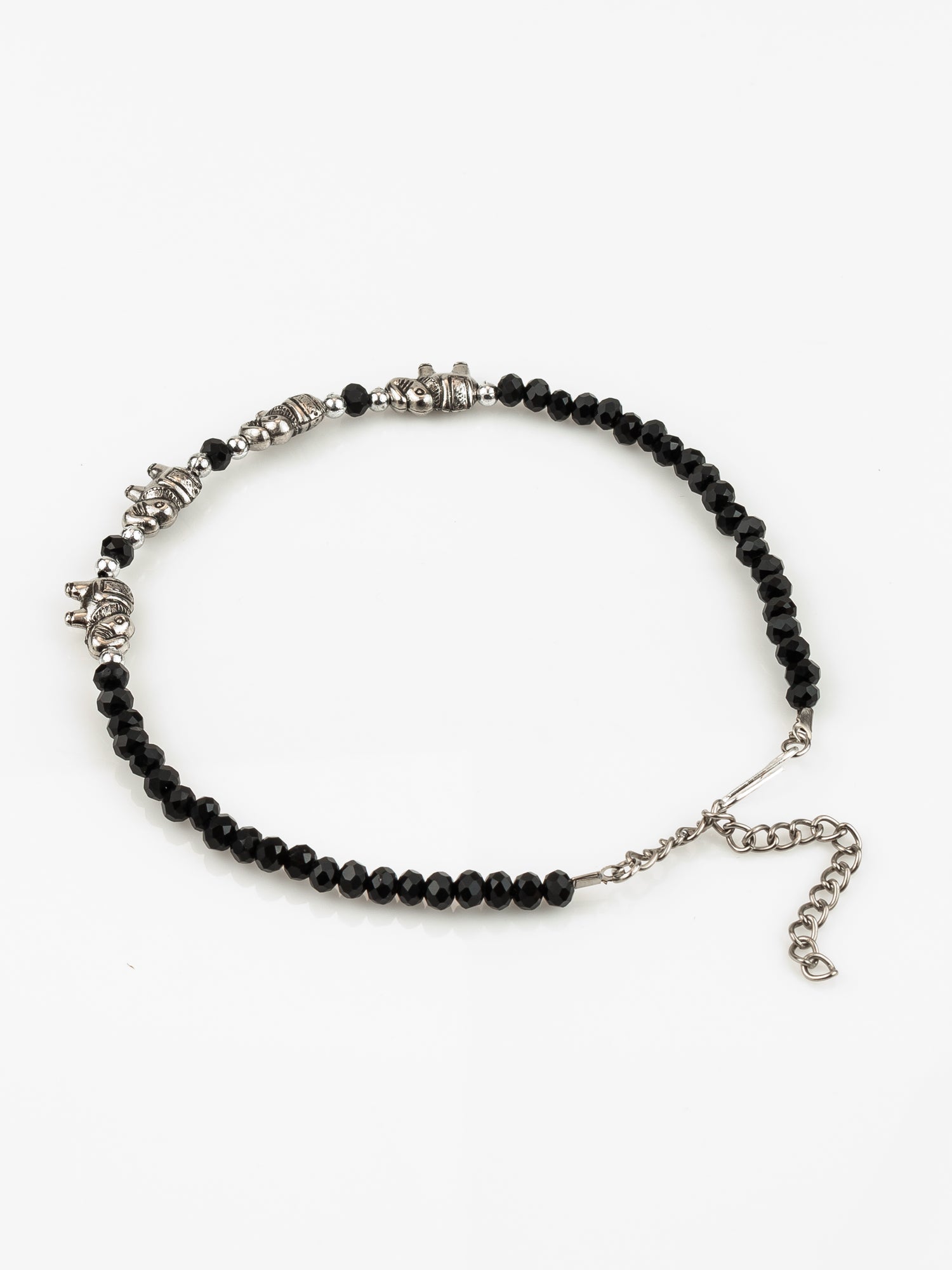 Aadita Silver Plated Elephant Charm Black Beaded Adjustable Anklet for Women & Girls
