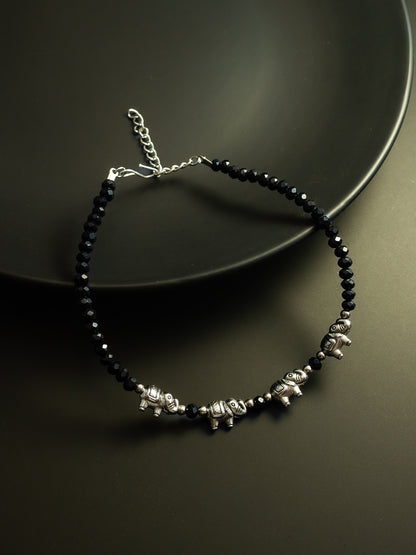 Aadita Silver Plated Elephant Charm Black Beaded Adjustable Anklet for Women & Girls
