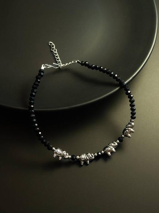 Aadita Silver Plated Elephant Charm Black Beaded Adjustable Anklet for Women & Girls