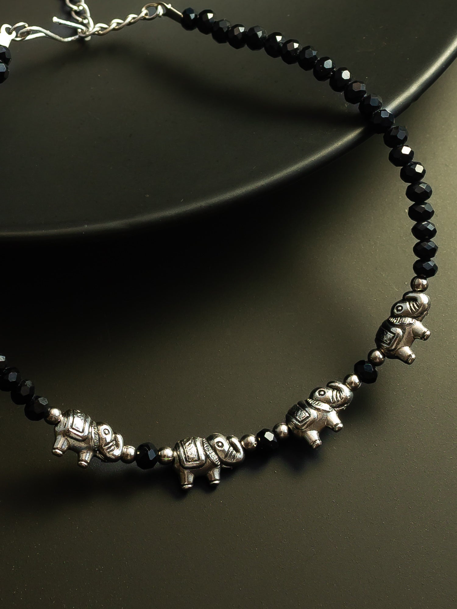 Aadita Silver Plated Elephant Charm Black Beaded Adjustable Anklet for Women & Girls