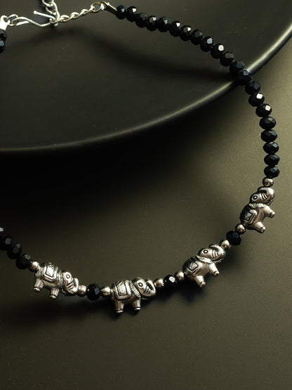 Aadita Silver Plated Elephant Charm Black Beaded Adjustable Anklet for Women & Girls
