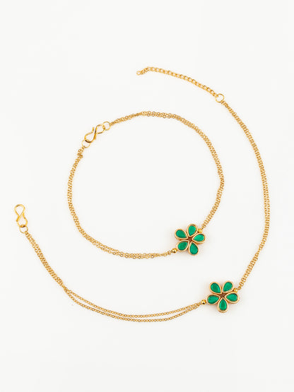 Aadita Gold Plated Green Floral Design Anklet Set for Women & Girls