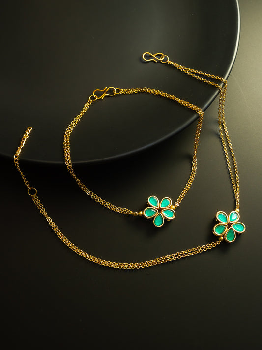 Aadita Gold Plated Green Floral Design Anklet Set for Women & Girls