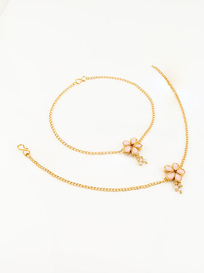 Aadita Gold Plated Pink Flower Design Anklet for Women and Girls