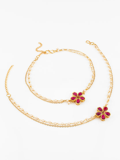 Aadita Gold Plated Red Floral Designer Pearl Chain Anklet Set for Women & Girls