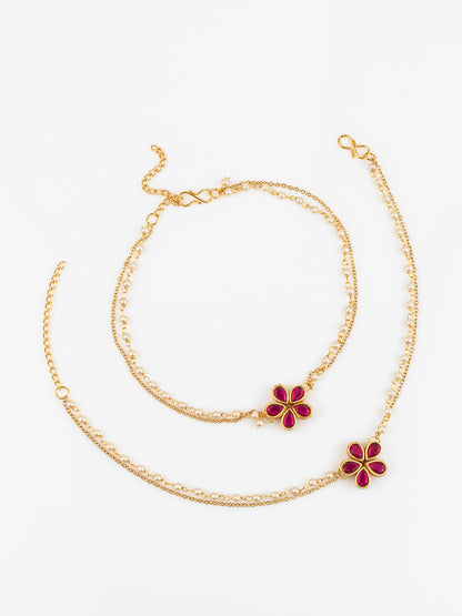 Aadita Gold Plated Red Floral Designer Pearl Chain Anklet Set for Women & Girls