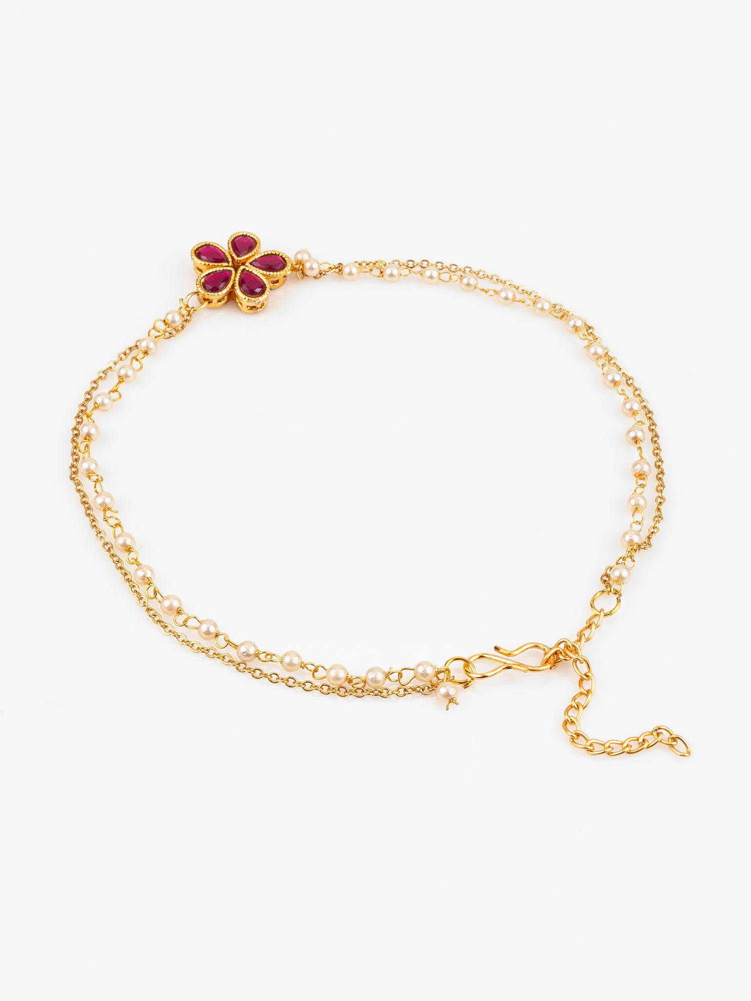 Aadita Gold Plated Red Floral Designer Pearl Chain Anklet Set for Women & Girls