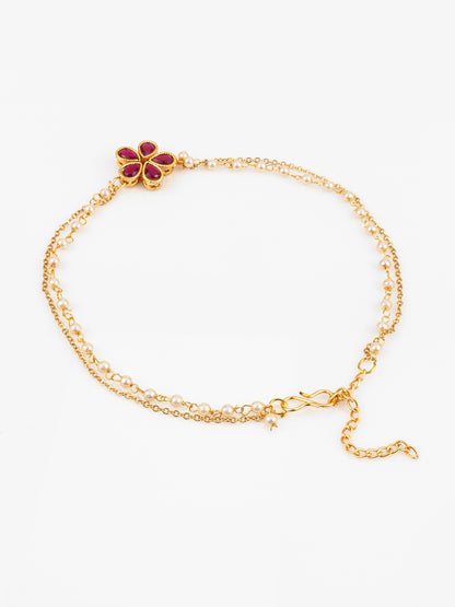 Aadita Gold Plated Red Floral Designer Pearl Chain Anklet Set for Women & Girls